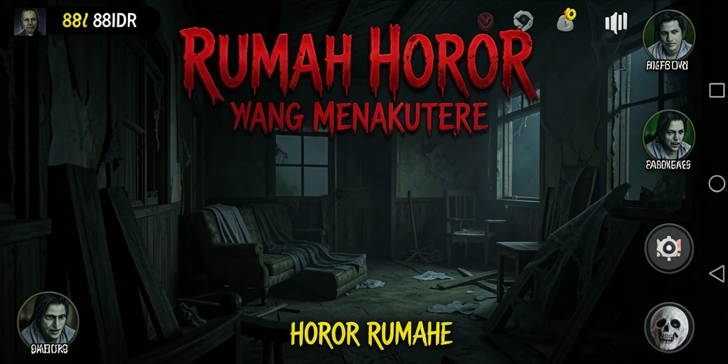 Tampilan antarmuka 88IDR menampilkan suasana rumah yang menyeramkan.