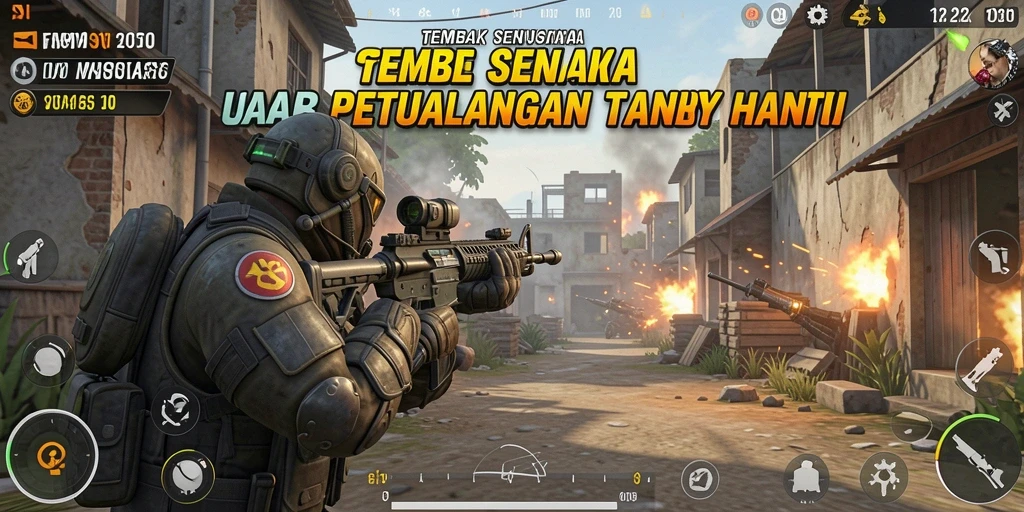 Antarmuka FOMOTOTO menampilkan aksi tembak senjata yang mendebarkan.